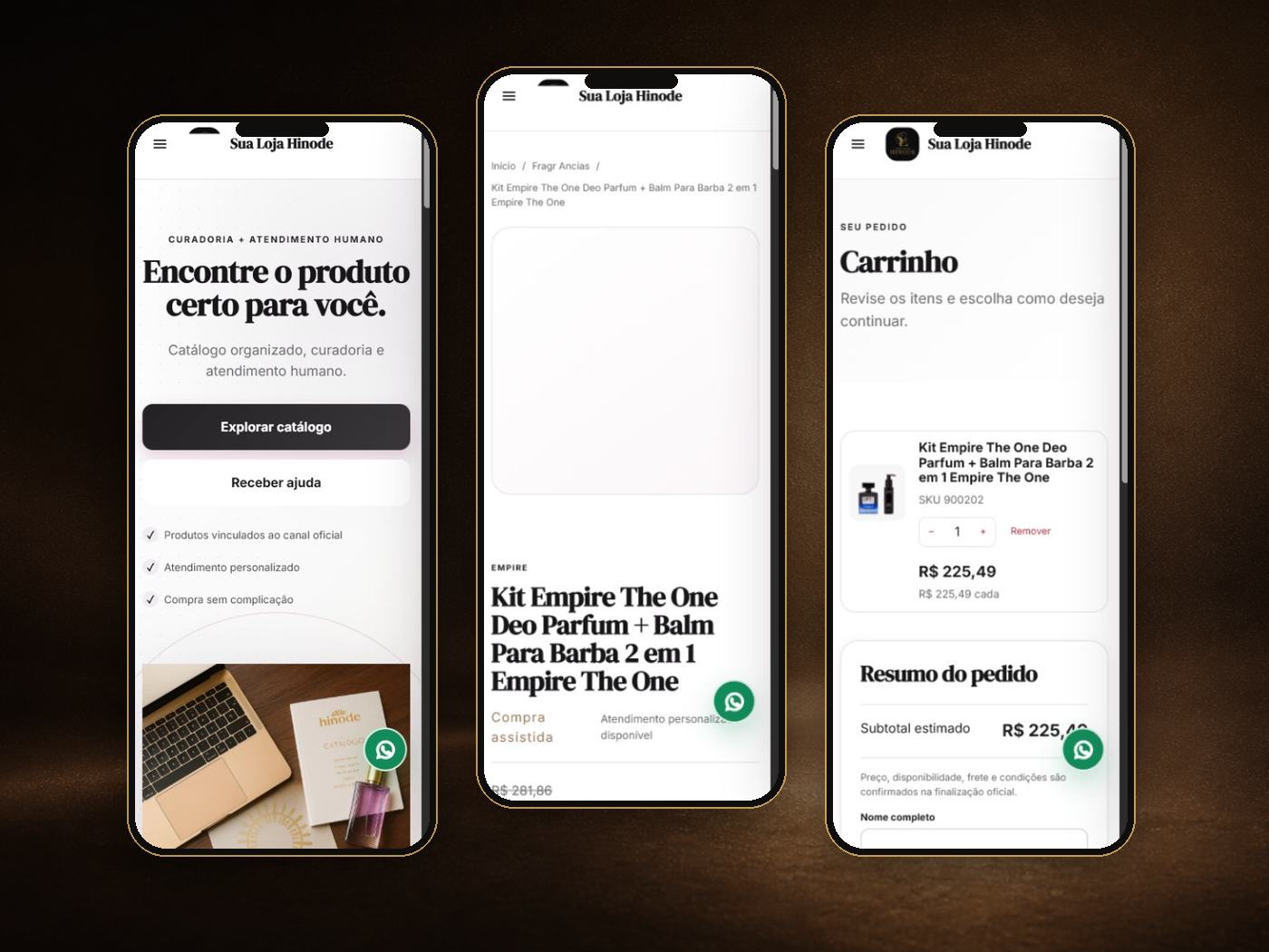 Vitrine, produto e carrinho enviados para o WhatsApp