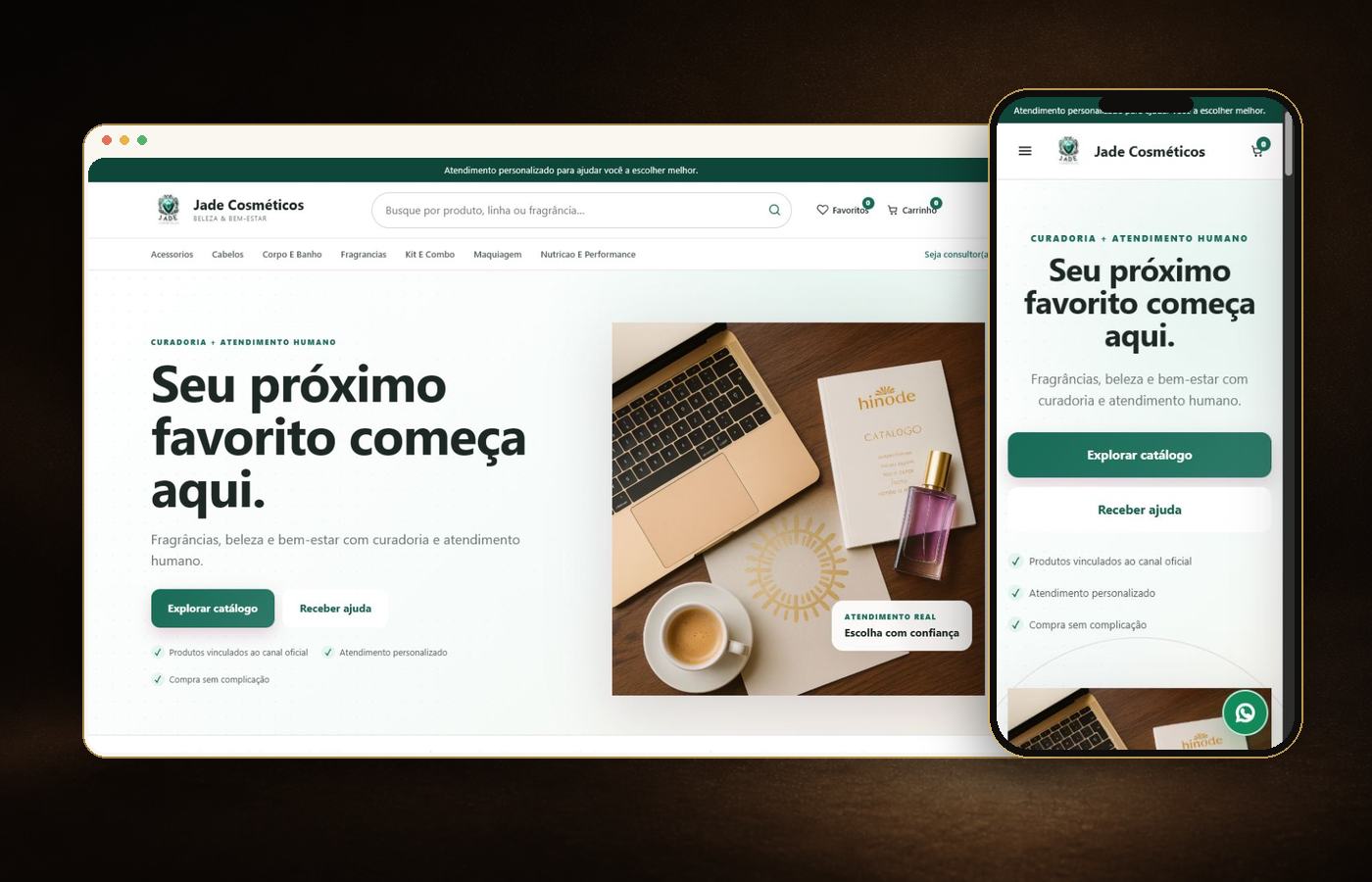 Jade Cosméticos, projeto real da plataforma em computador e celular